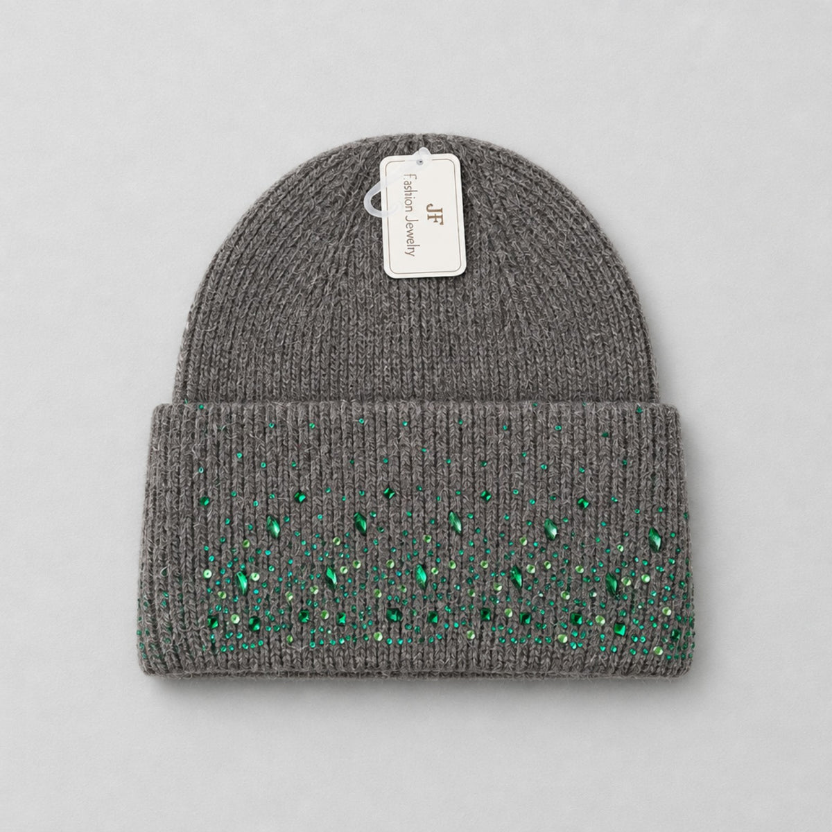 Damen-Strickmütze Khaki mit grünen Glitzersteinen & Kaschmiranteil | Fashion Jewelry Mütze Das Zierwerk