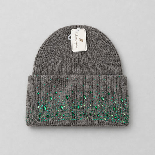 Damen-Strickmütze Khaki mit grünen Glitzersteinen & Kaschmiranteil | Fashion Jewelry Mütze Das Zierwerk