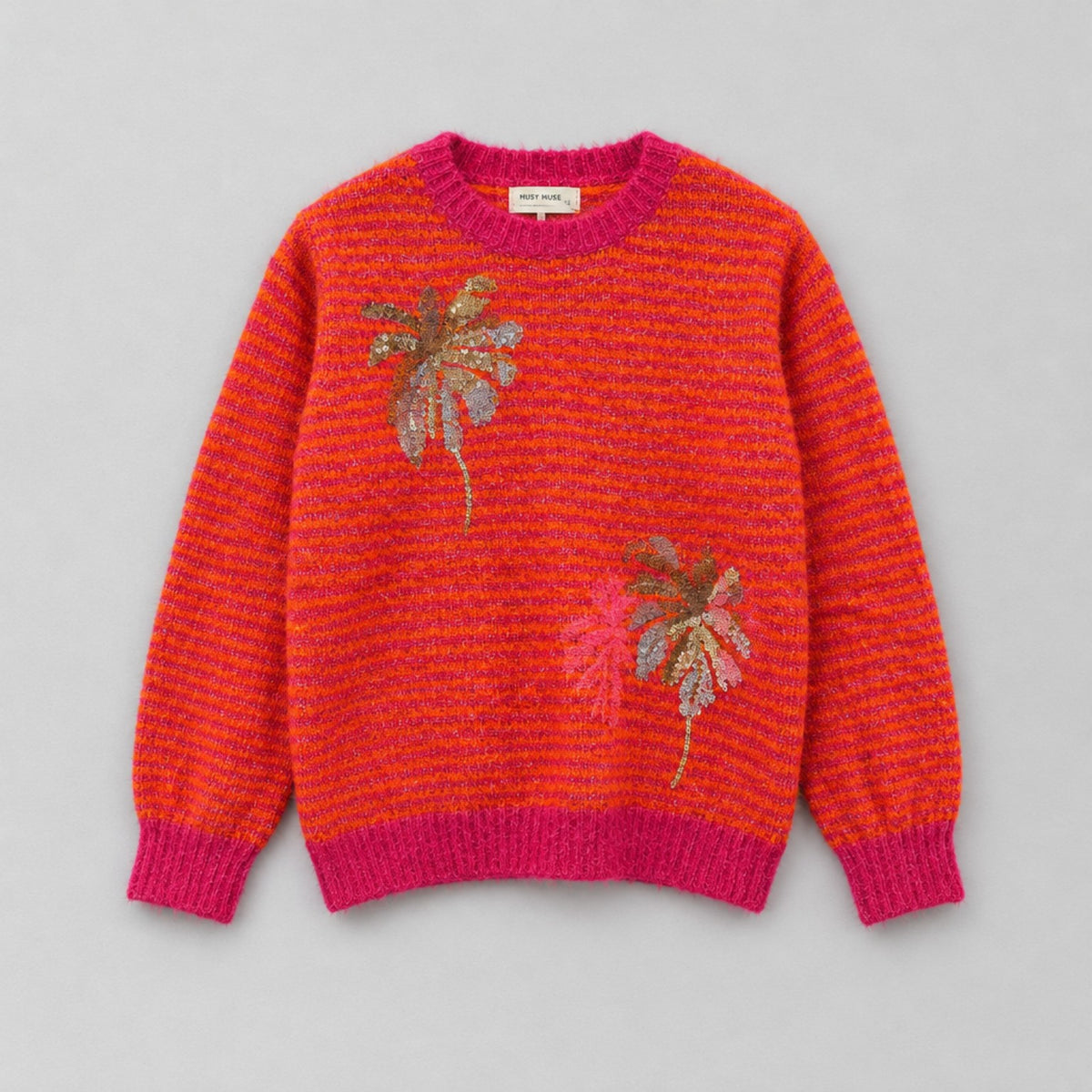 Damen Strickpullover Pink-Orange mit Pailletten-Blumen – Kuscheliger Statement-Pullover Pullover Musy Muse