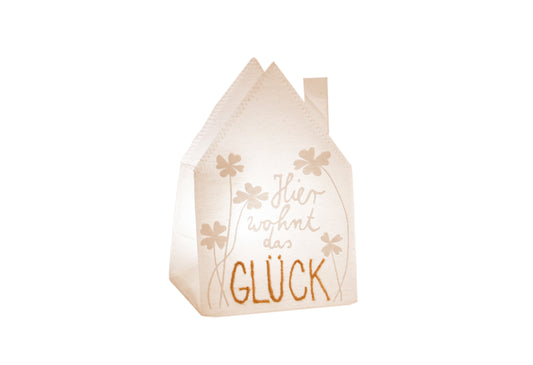 Leuchtbeutel „Hier wohnt das Glück“ – Hausförmiges Stoff-Windlicht mit Stickerei