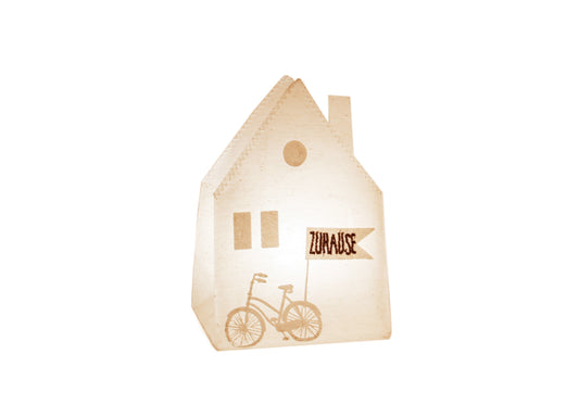 Leuchtbeutel „Zuhause“ – Hausförmiges Stoff-Windlicht mit Fahrrad-Motiv und Flagge