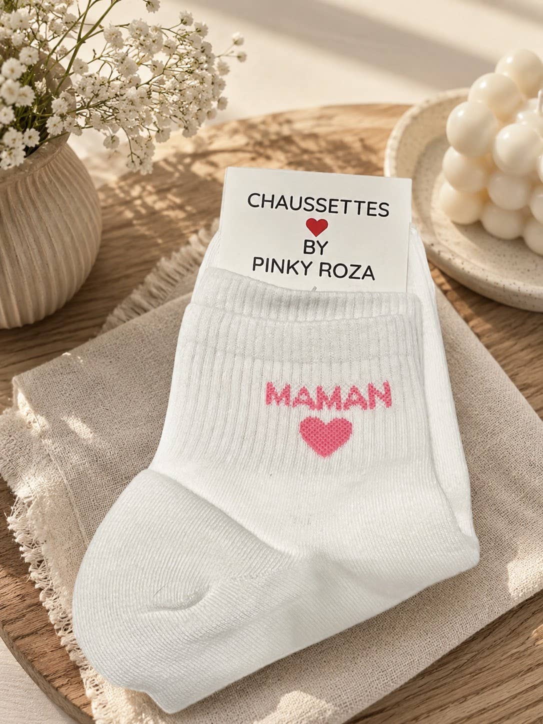 Baumwollsocke mit Aufschrift „Mama“ & Herz – Weiß | Taille Unique Socke Pinky Roza