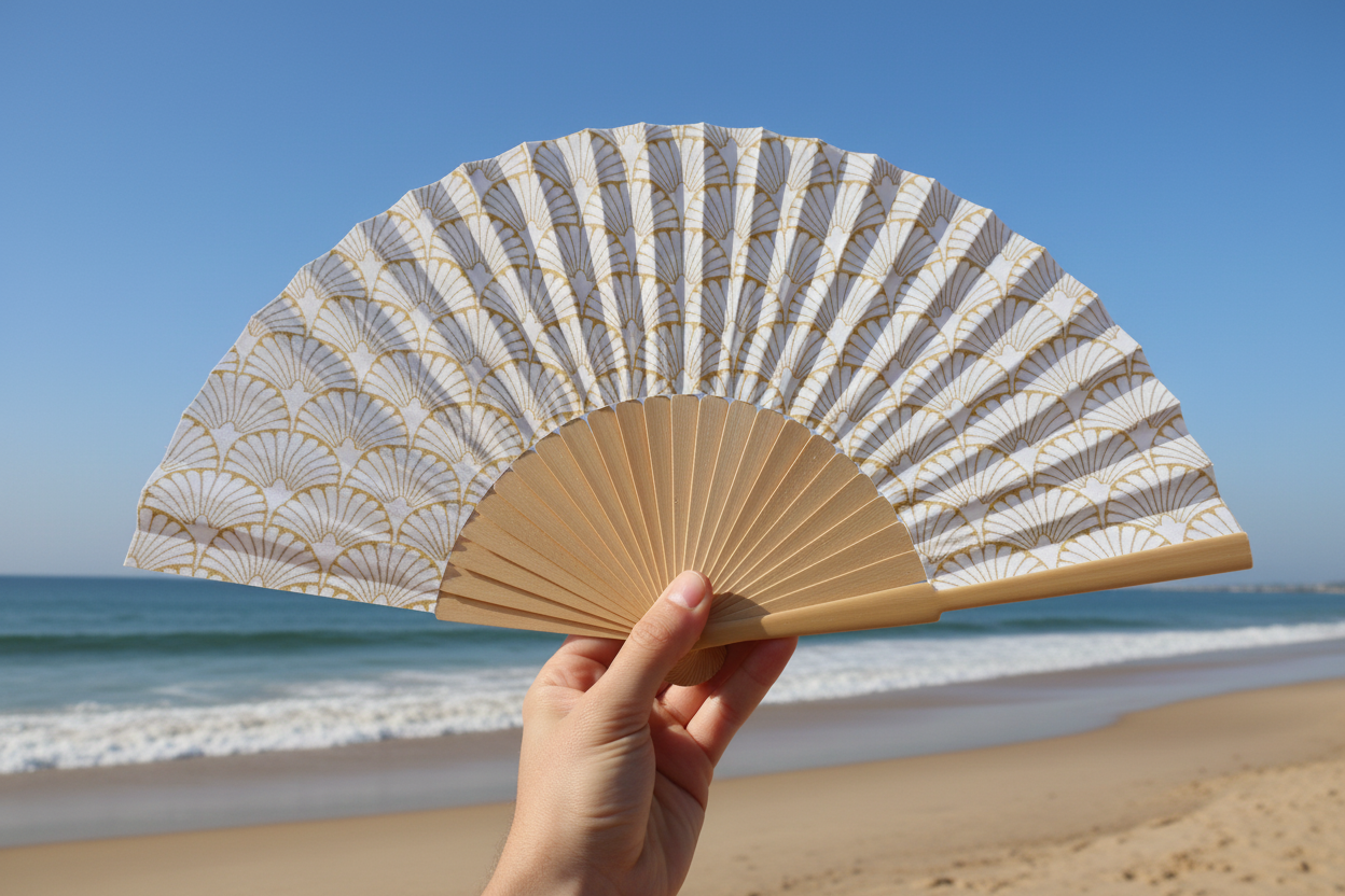 Fächer „Art-Déco“ – 23 cm, goldener Druck auf Weiß, Fantastico Fans Ibiza Fantastico Fans