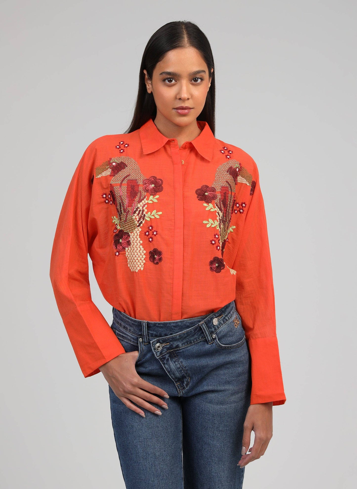 Hemd – Gr. S, Orange, Baumwollstickereien, lange Ärmel | An’ge Bluse An'ge