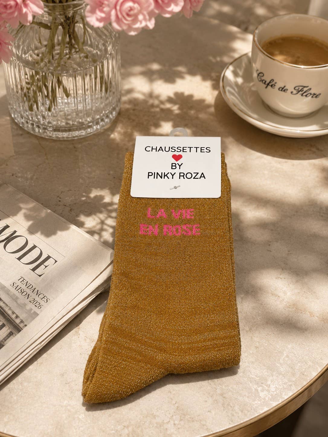 Baumwollsocke „la vie en rose“ mit Pailletten – Gold | Taille Unique Socke Pinky Roza