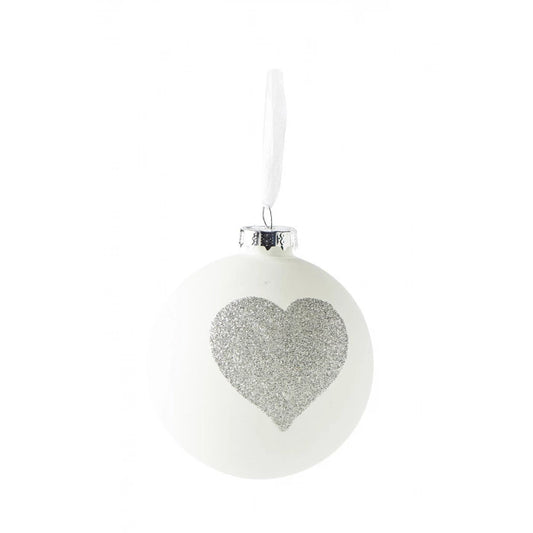 Rivièra Maison Christbaumkugel Heart White Silver – Weiß mit silbernem Glitzerherz Baumschmuck Rivièra Maison