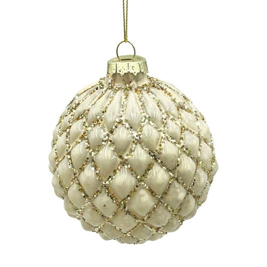 Glas-Christbaumkugel Creme-Gold – Weihnachtskugel mit Rautenmuster