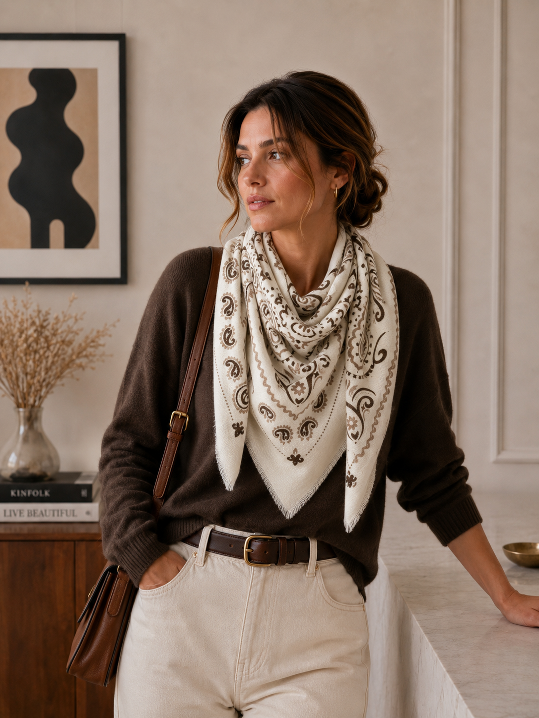 Woll-Carré mit Bandana-Muster – 110×100 cm | Beige | LINETA Schal LINETA