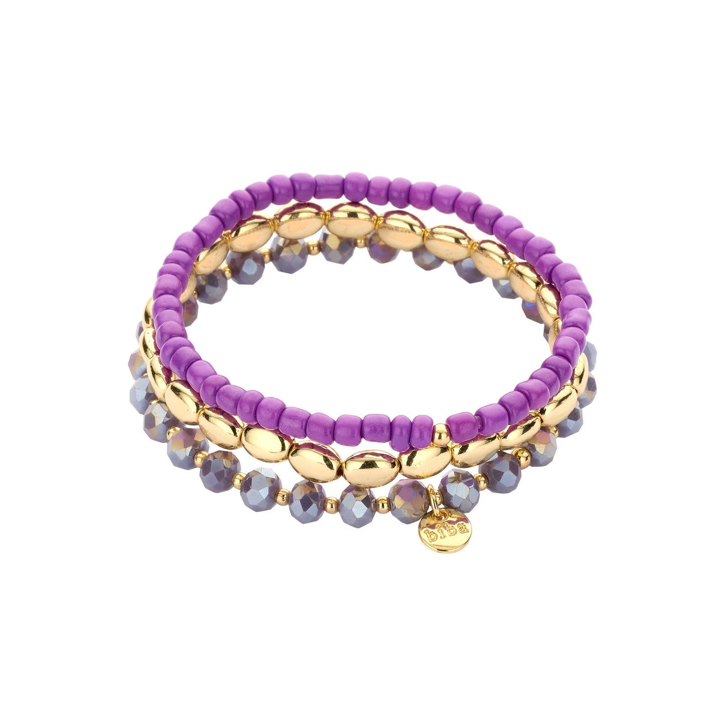 Biba Armband dreireihig – Lila, Gold & Grau | Elastisch & elegant