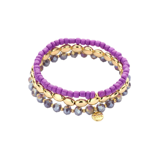 Biba Armband dreireihig – Lila, Gold & Grau | Elastisch & elegant