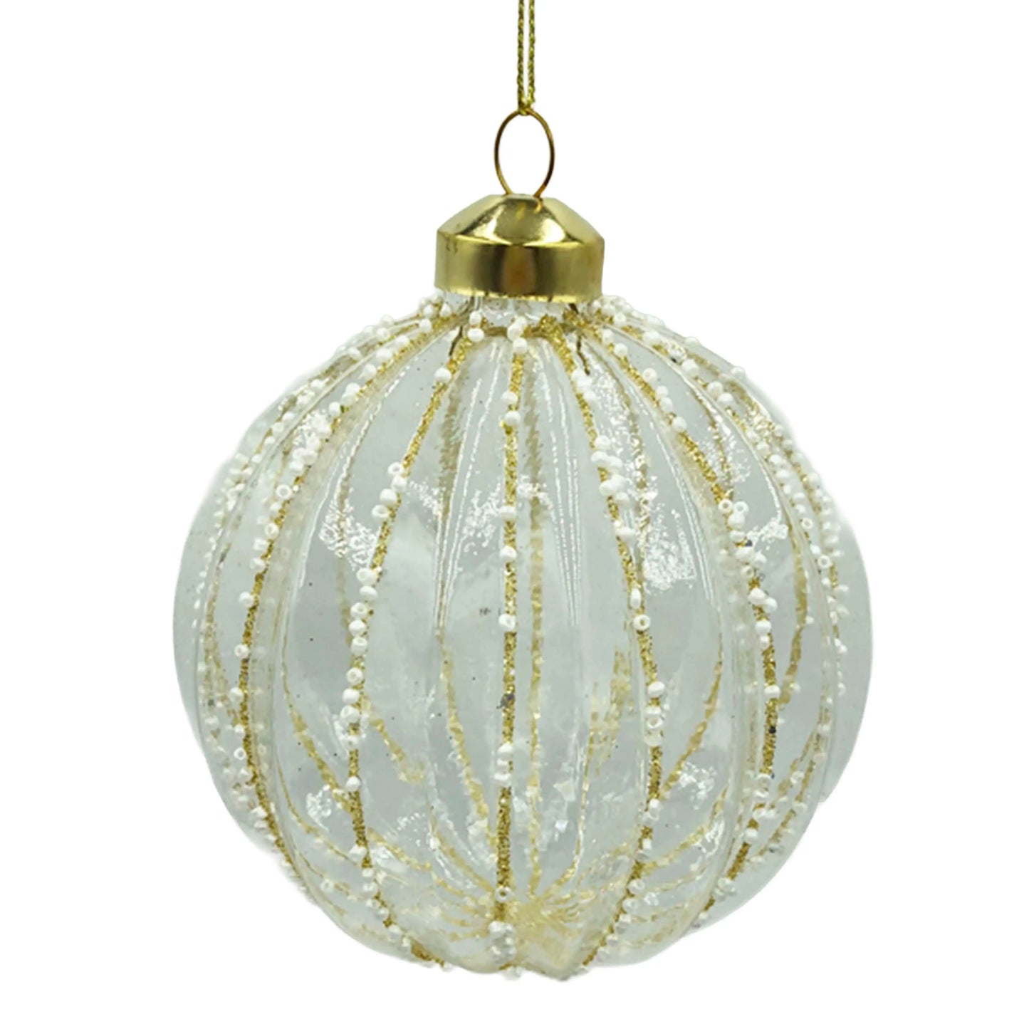 Glas-Christbaumkugel Weiß-Gold – Weihnachtskugel mit Perlenverzierung