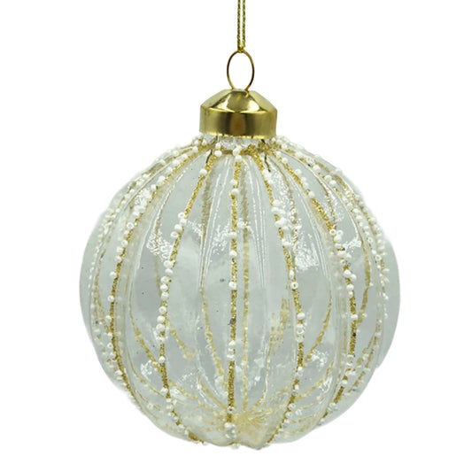 Glas-Christbaumkugel Weiß-Gold – Weihnachtskugel mit Perlenverzierung