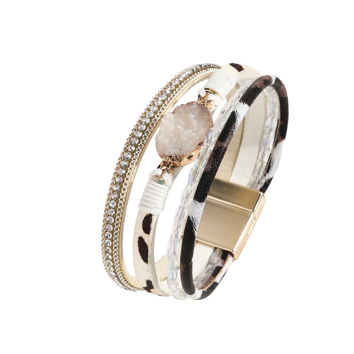 Damen-Lederarmband mit Zirkonstein – Mehrreihig | Leo-Print Beige | Karma Schmuck Karma