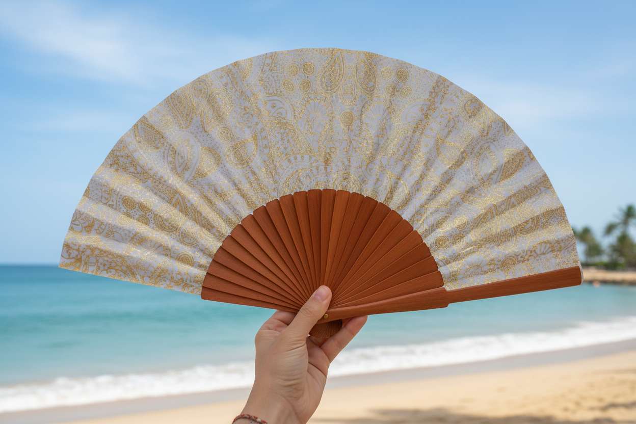 Fächer „Paisley Gold Boho“ – 23 cm, Blassgold auf Creme, dunkles Holz | Fantastico Fans Ibiza Fantastico Fans