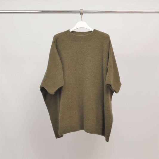 Oversize-Pullover mit kurzen Ärmeln aus flauschigem Strick – Khaki