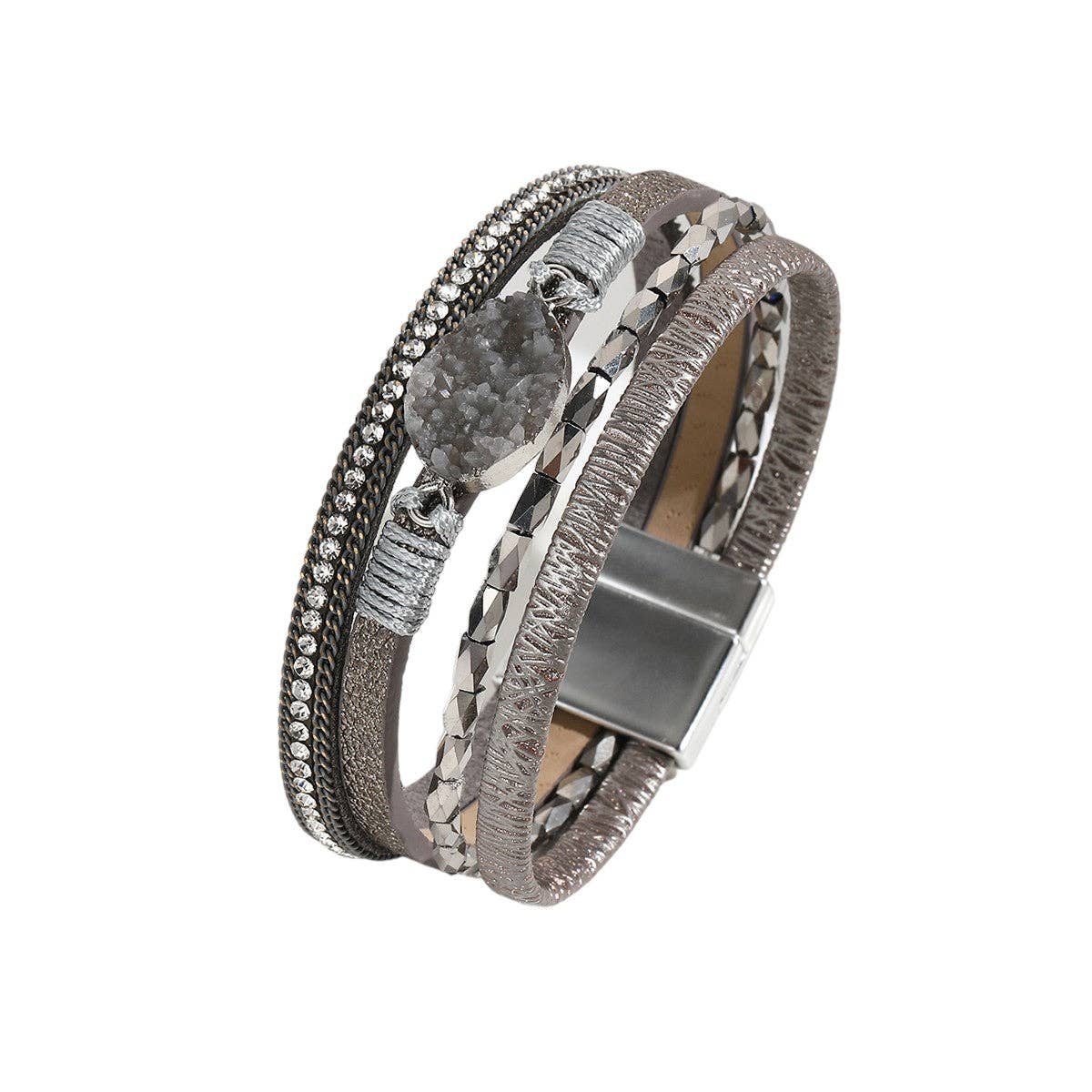 Damen-Lederarmband mit Zirkonstein – Vierreihig | Grau | Karma Armband Karma