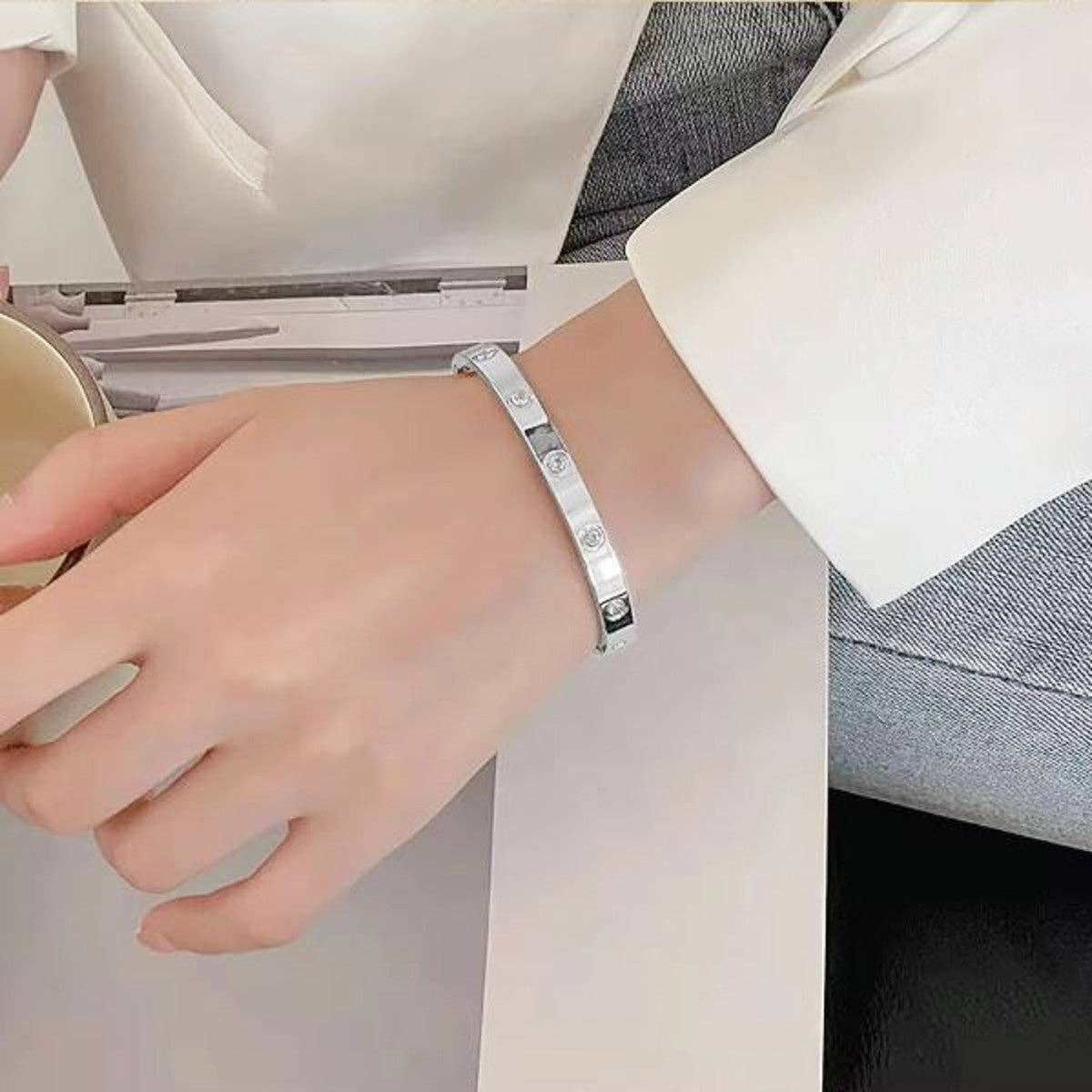 Edelstahl-Armreif mit Ziersteinen – Oval | Silber | Karma Armband Karma