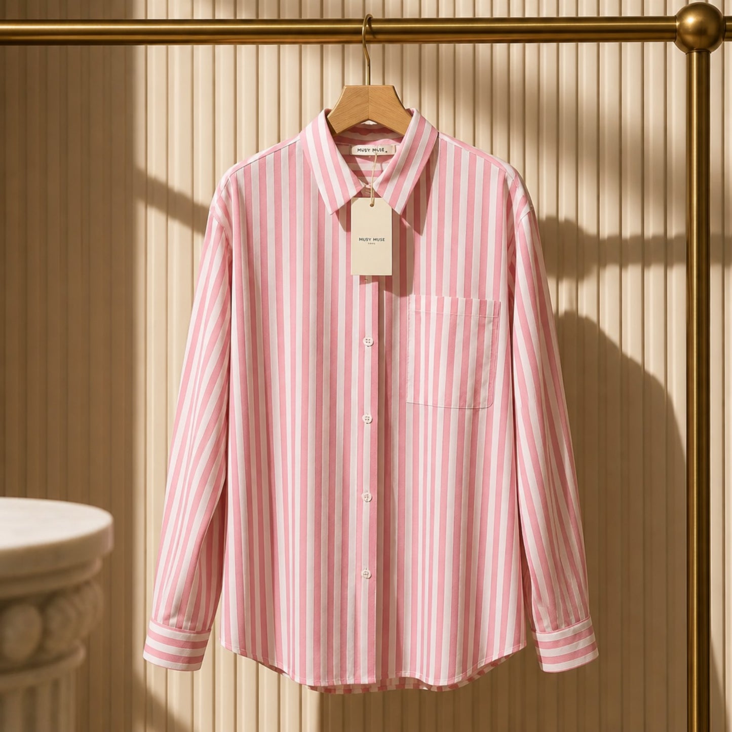 Gestreifte Baumwollbluse mit Papageien-Stickerei – Rosa/Weiß | Musy Muse