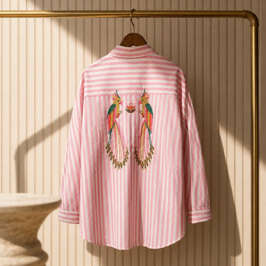 Gestreifte Baumwollbluse mit Papageien-Stickerei – Rosa/Weiß | Musy Muse Bluse Musy Muse