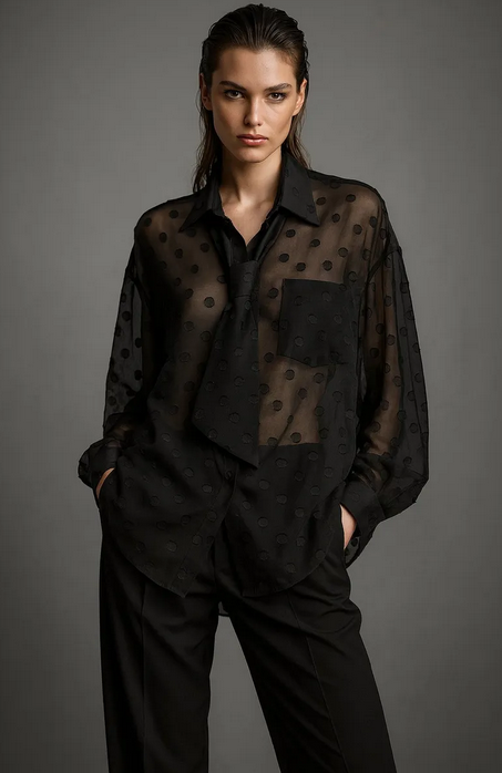 Elegante Voile-Bluse in Schwarz mit strukturierten Punkten Bluse Das Zierwerk