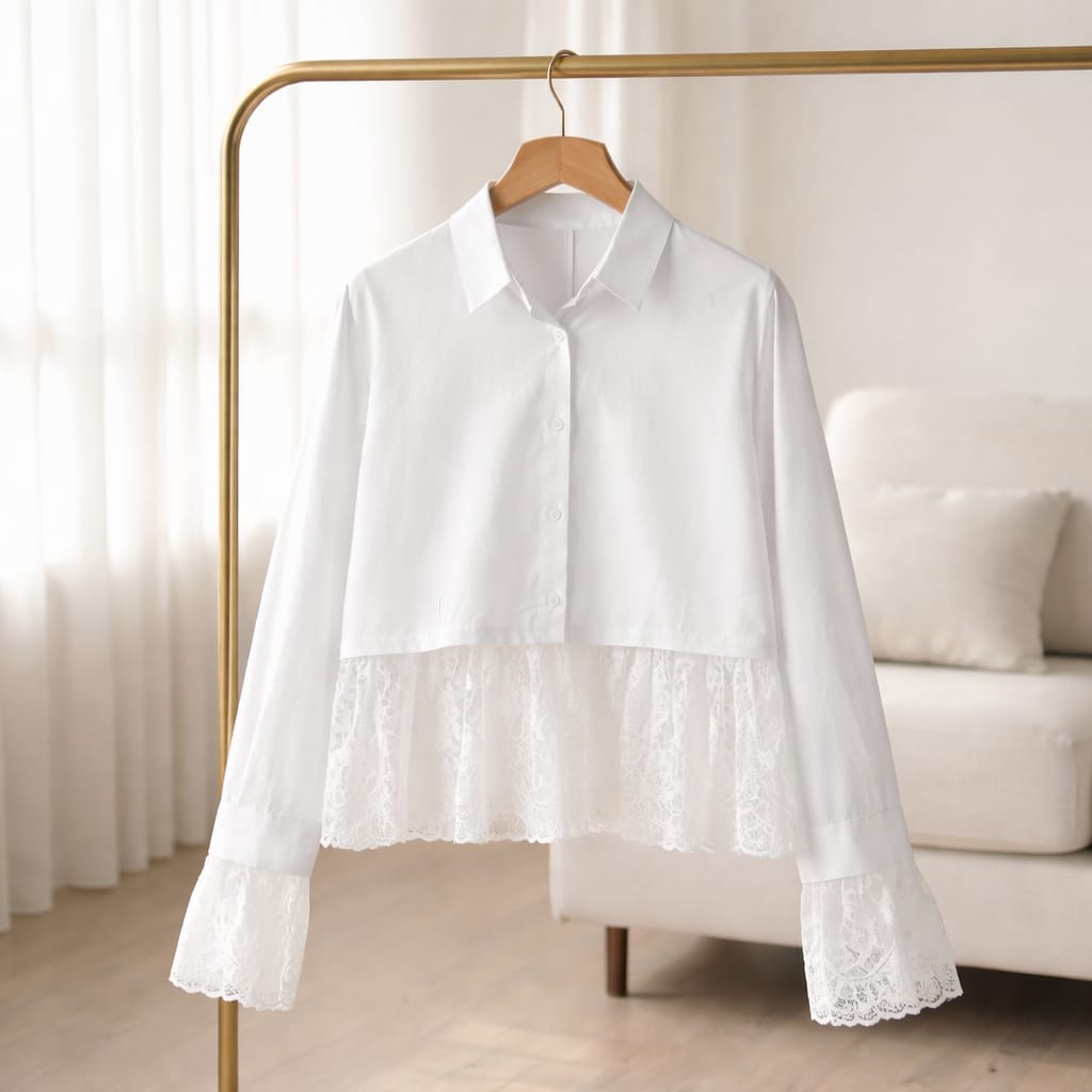 Elegante Baumwollbluse mit zarten Spitzen-Details Bluse Das Zierwerk