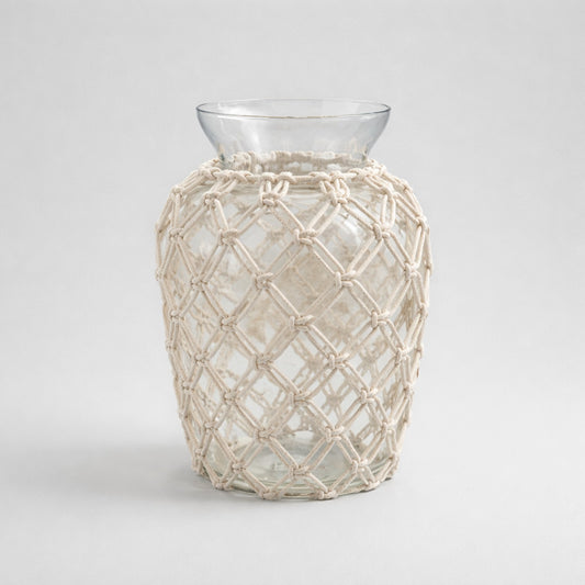 Glasvase mit Makramee – Boho Vase mit handgeknüpfter Optik Vase Das Zierwerk