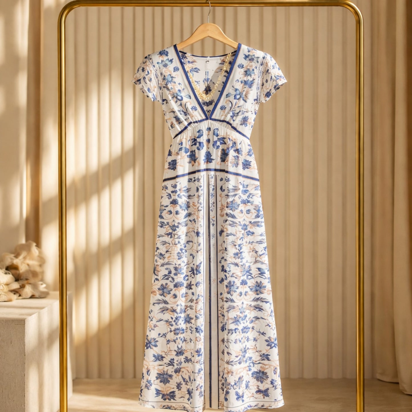 Maxikleid mit floralem Muster in Blau & Creme – feminine Eleganz für den Sommer Kleid Das Zierwerk