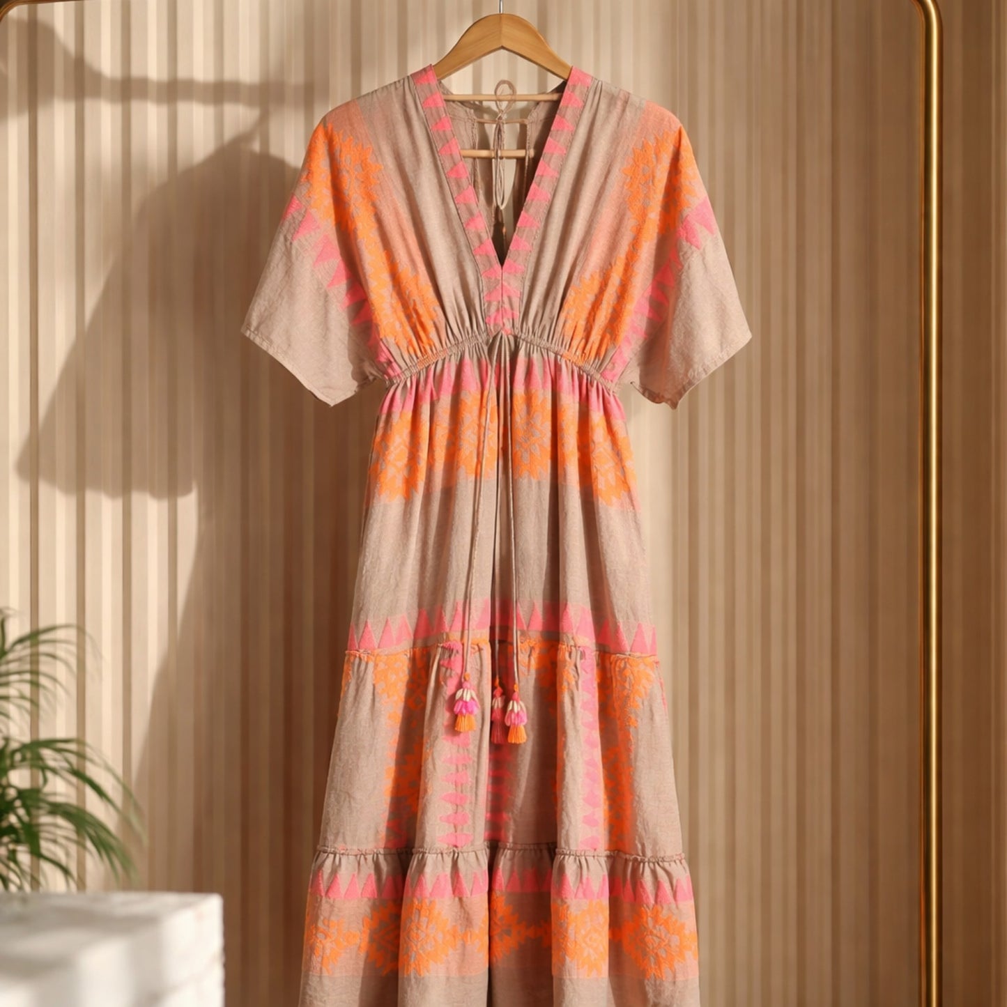 Boho Maxikleid in Beige, Neonpink & Orange – luftiges Sommerkleid aus Baumwolle Kleid Das Zierwerk