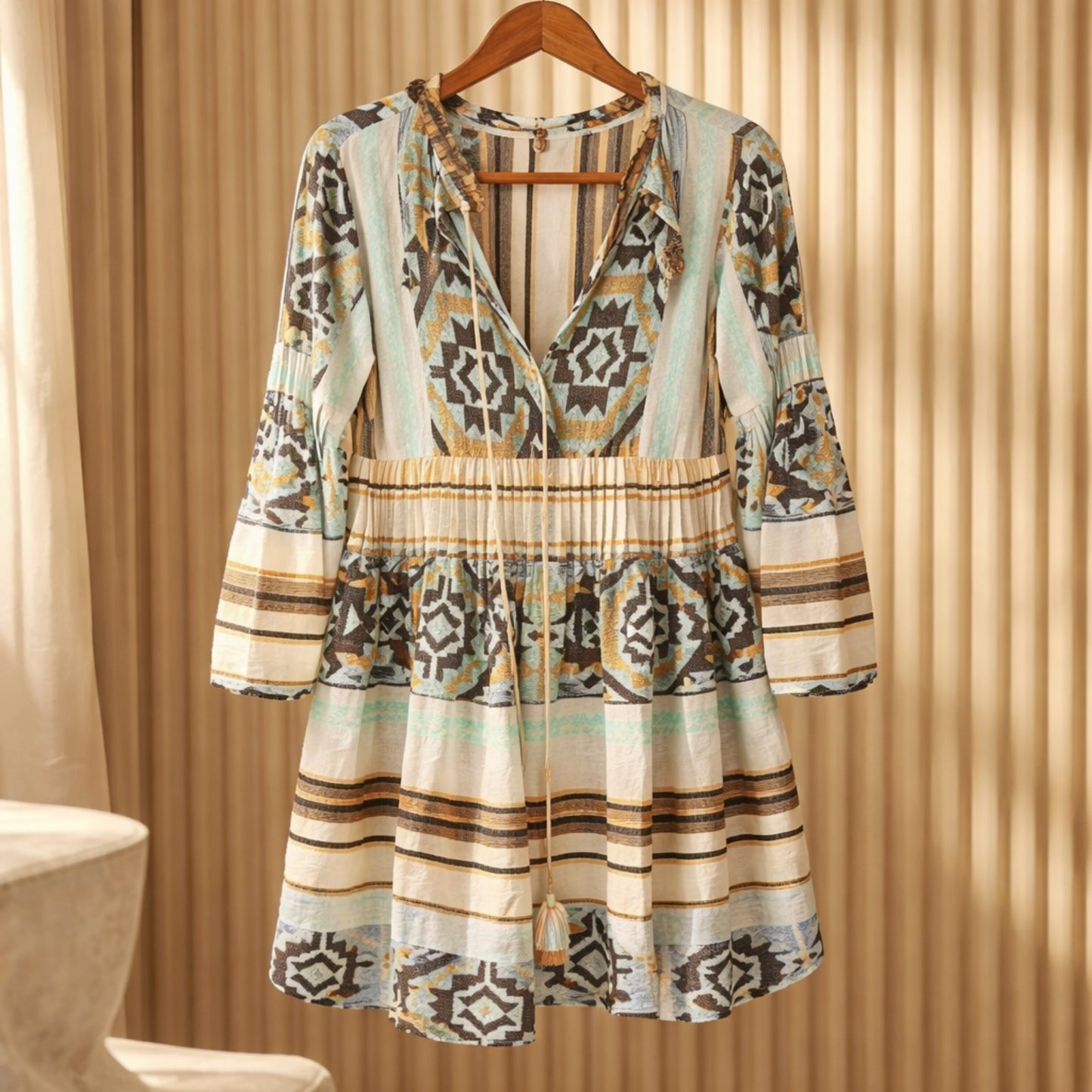 Boho-Kleid aus Baumwolle mit Ethno-Print – luftiges Sommerkleid in Natur & Blau Kleid Das Zierwerk