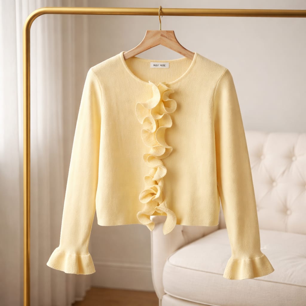 Cardigan mit Volants – zartes Gelb | Größe S/M Strickjacke Das Zierwerk