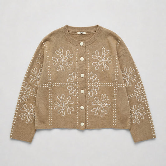 Cardigan mit Blumenstickerei in Beige Strickjacke Das Zierwerk