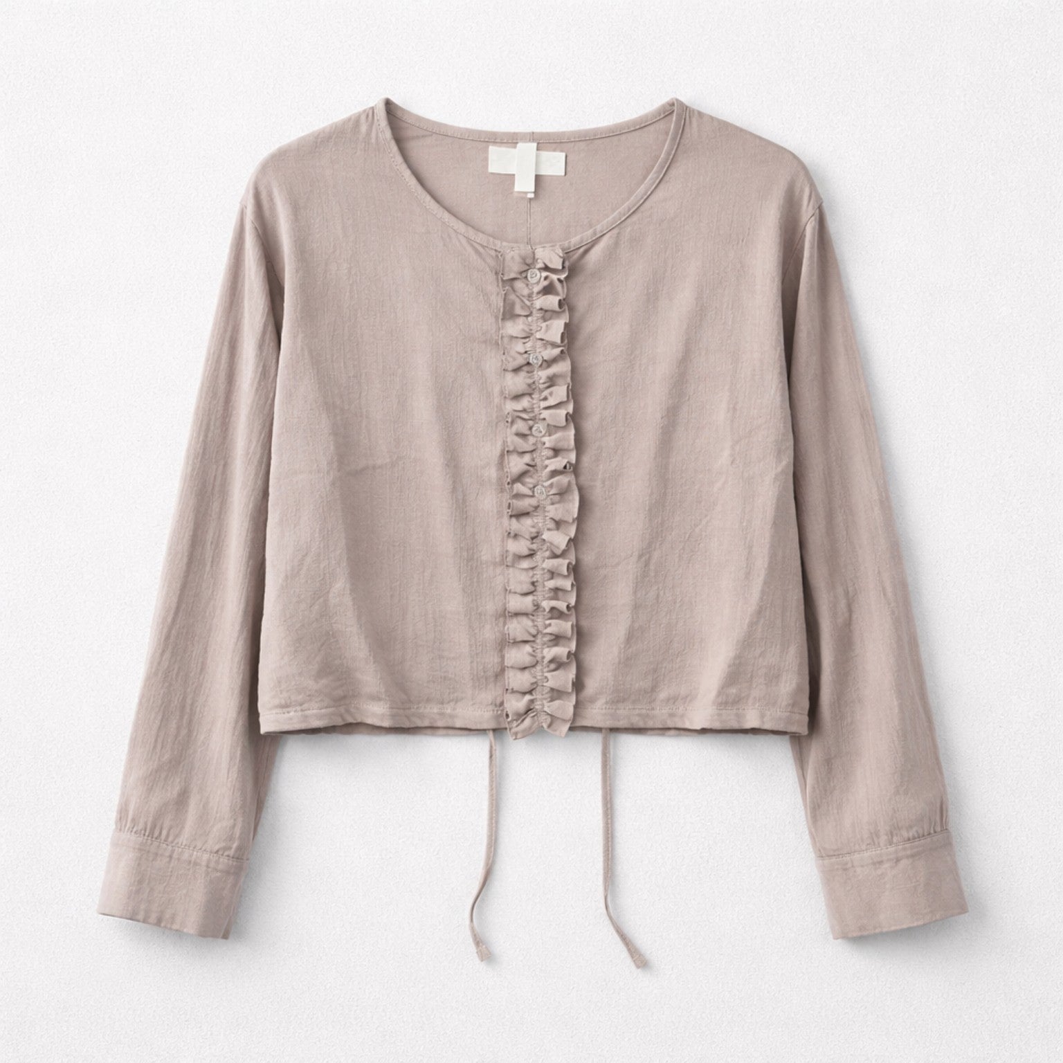 Bluse mit Rüschenleiste in Taupe – feminine Eleganz Made in Italy Bluse Das Zierwerk