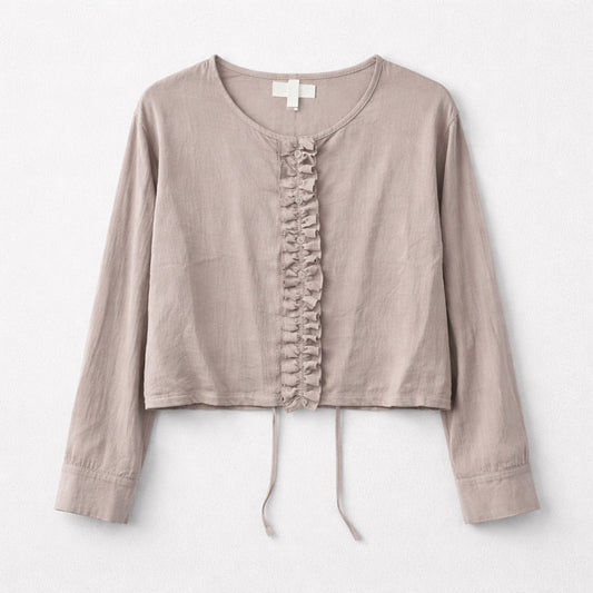 Bluse mit Rüschenleiste in Taupe – feminine Eleganz Made in Italy Bluse Das Zierwerk