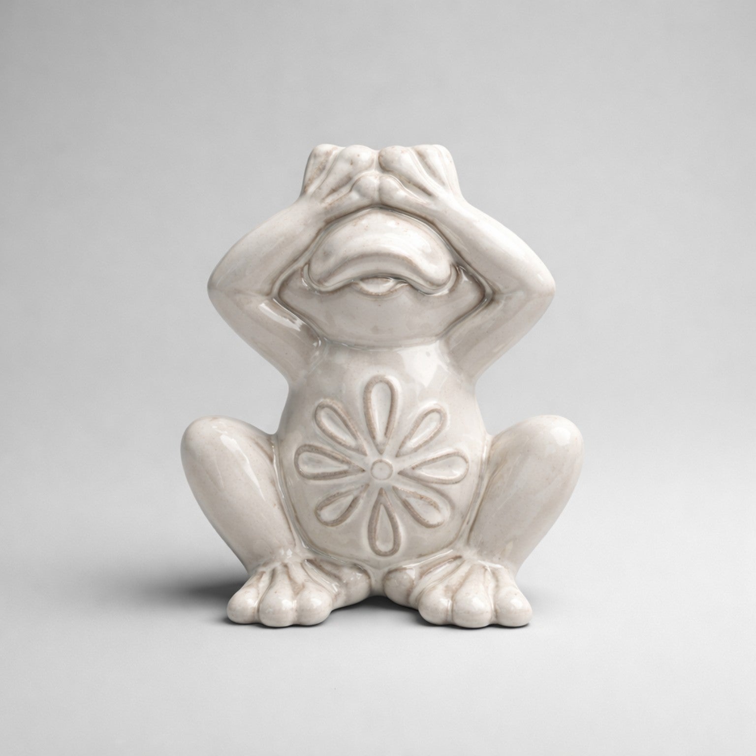 Deko Frosch Figur – „Nichts sehen“ Keramikfigur in Creme Deko Gilde