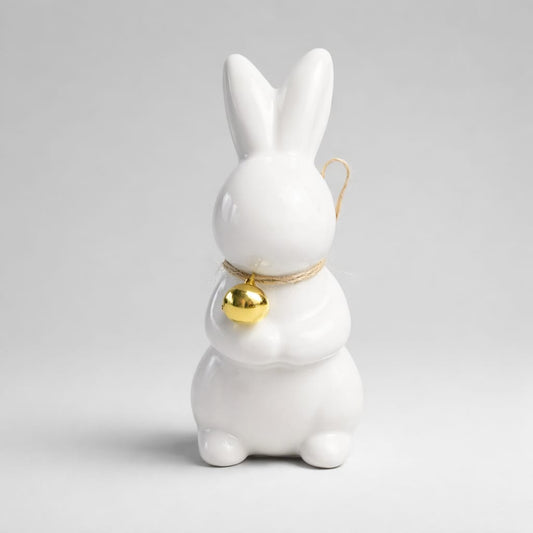 Keramik-Hase Weiß mit goldenem Glöckchen – stilvolle Osterfigur Deko Das Zierwerk