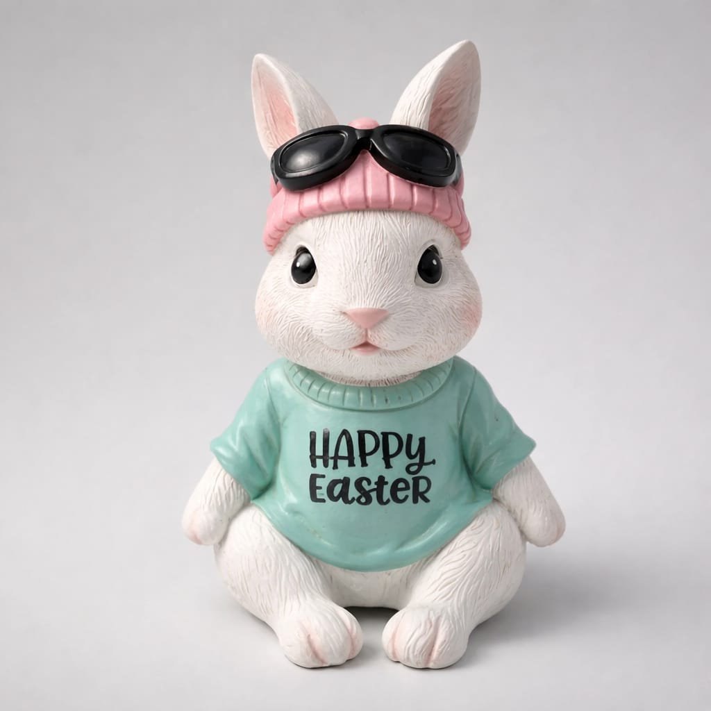 Deko-Hase „Happy Easter“ – Hasenfigur mit blauer Jacke Deko Das Zierwerk