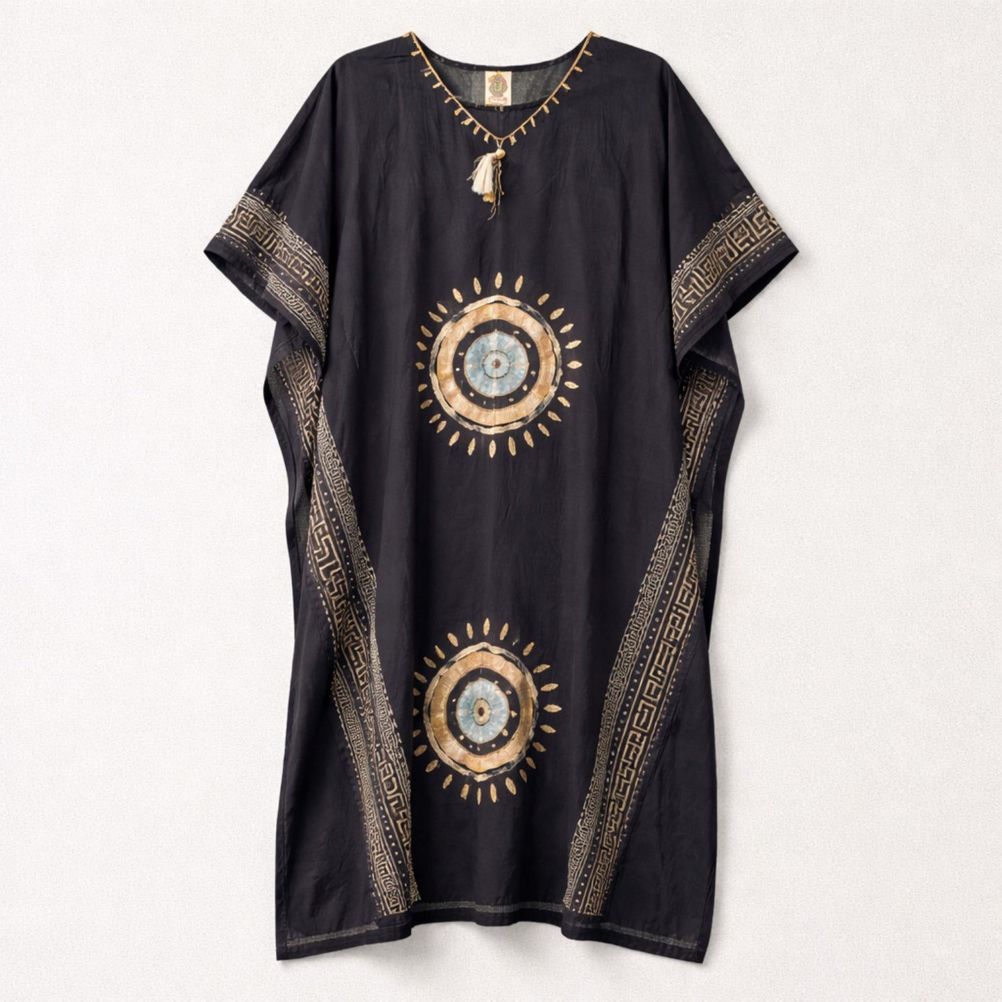 Boho Kaftan aus Baumwolle – luftiges Ethno-Kleid in Schwarz & Gold Kleid Das Zierwerk