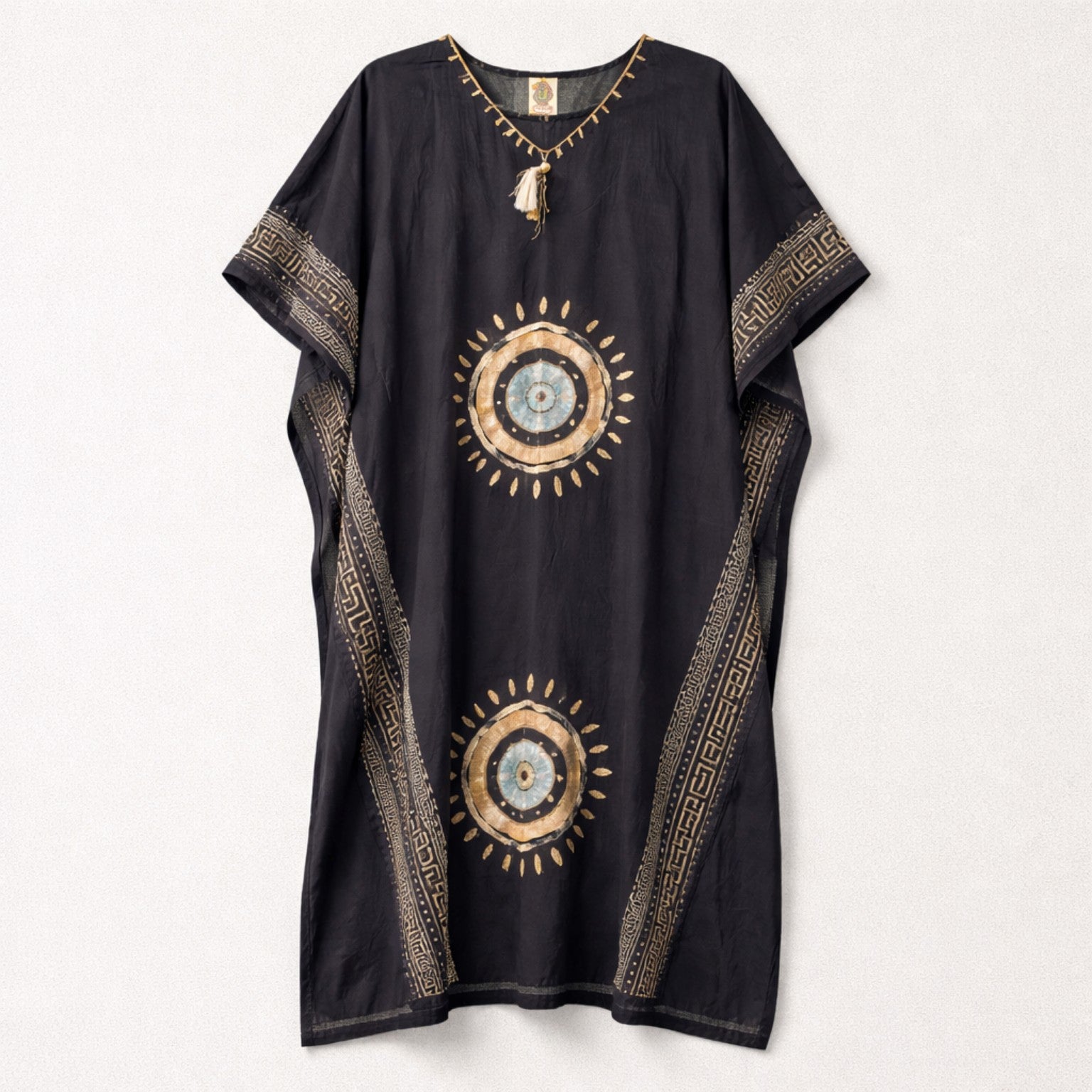 Boho Kaftan aus Baumwolle – luftiges Ethno-Kleid in Schwarz & Gold Kleid Das Zierwerk