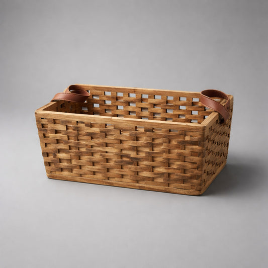 Geflochtener Aufbewahrungskorb mit Ledergriffen – großer Korb aus Holz Korb Das Zierwerk