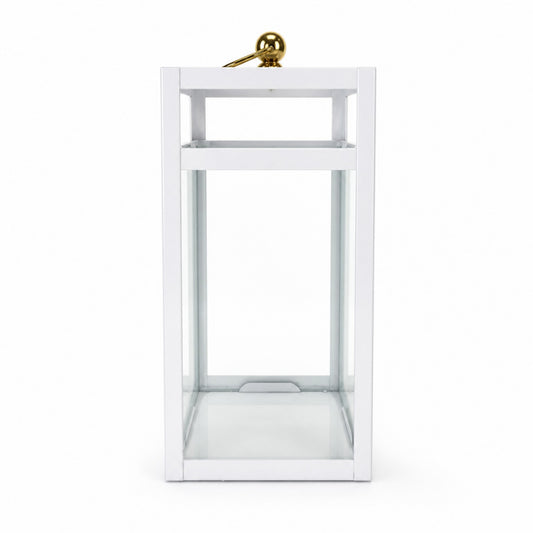 Laterne Weiß – Metall & Glas, goldfarbener Deckel | 16×16×30 cm Windlicht Das Zierwerk