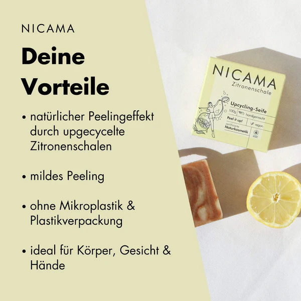 NICAMA Upcycling-Seife Zitronenschale | Handgemachte Naturkosmetik & mildes Peeling