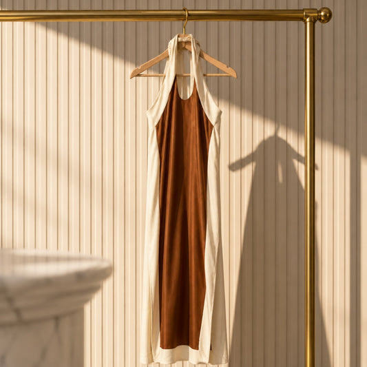 Maxikleid mit Neckholder-Ausschnitt in Braun & Creme – Sommerliche Eleganz aus Leinen-Viskose-Mix Kleid Das Zierwerk