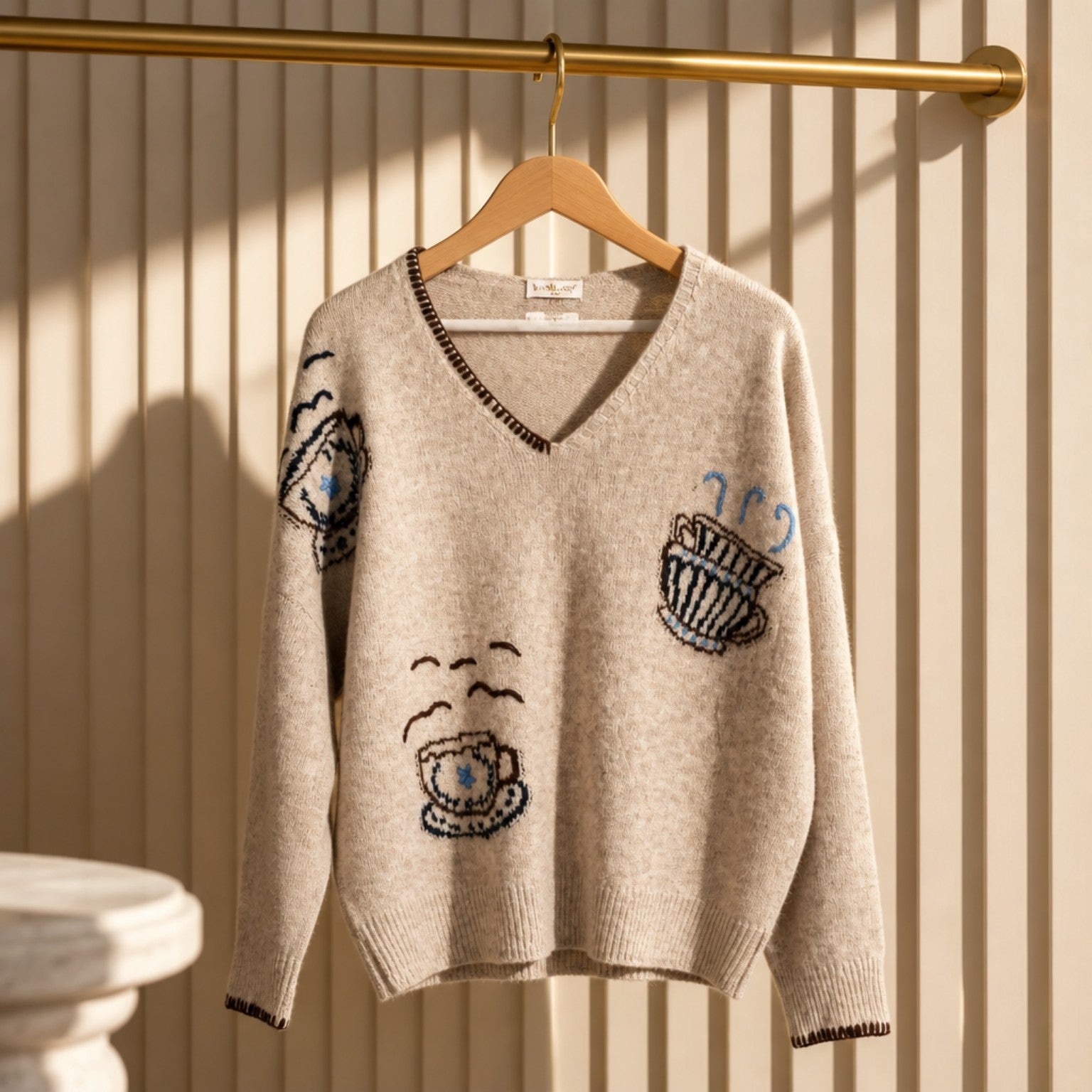 Pullover „Coffee Time“ – Beige mit Tassen-Motiven Pullover V. Milano