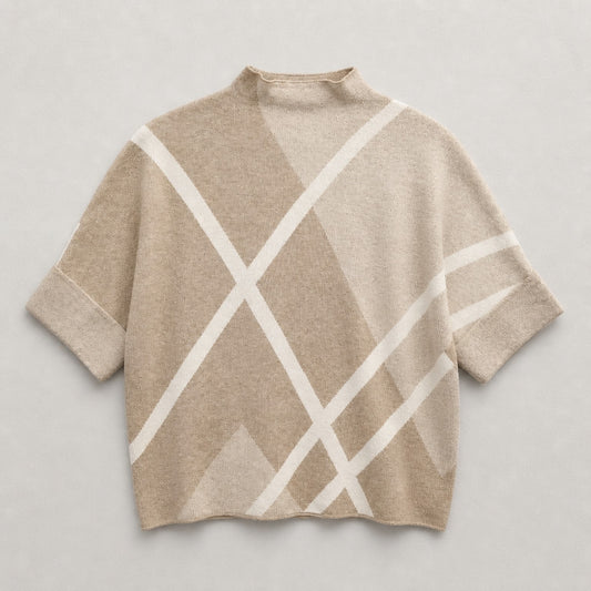 Kurzarm-Pullover in Beige mit grafischem Linienmuster Pullover Das Zierwerk
