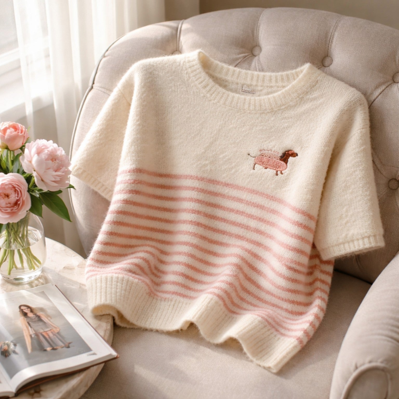 Kurzarm Strickpullover in Creme & Rosa mit liebevoller Dackel-Stickerei Pullover Das Zierwerk