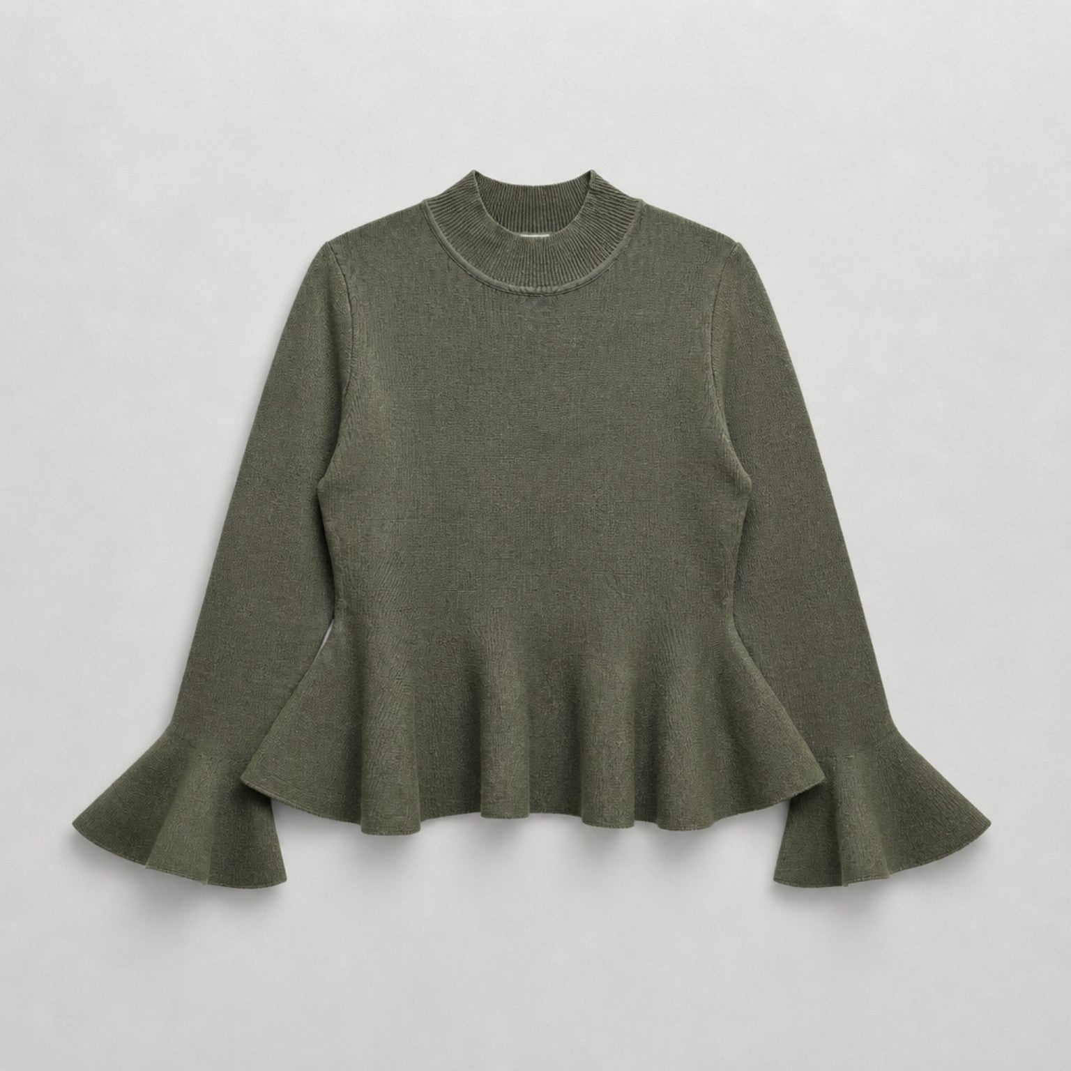 Pullover mit Schößchen & Volantärmeln – Khaki | Einheitsgröße Pullover Das Zierwerk