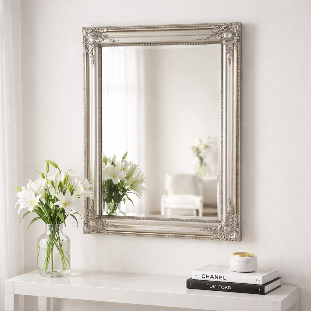 Spiegel matt-silber 62x82 cm – eleganter Wandspiegel mit Ornamentrahmen Spiegel Das Zierwerk