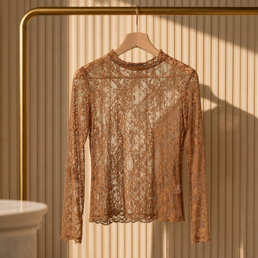 Spitzen-Shirt in Camel – Transparente Spitze, Langarm | Musy Muse Shirt Musy Muse