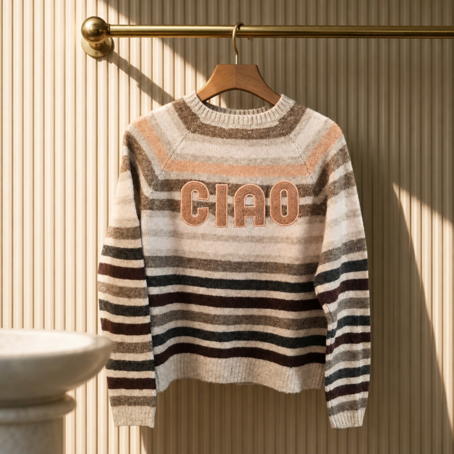 „CIAO“ Pullover – Streifen in Natur-, Braun- & Beigetönen Pullover V. Milano
