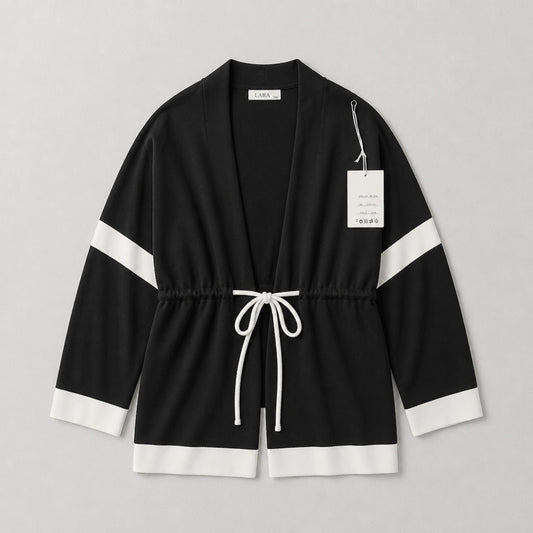 Cardigan / Strickjacke Schwarz-Weiß mit Bindegürtel | L/XL Strickjacke Das Zierwerk